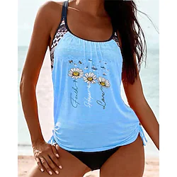 Women's Swimwear Tankini 2 Piece Plus Size Swimsuit Backless High Waisted Print Butterfly Flower Light Blue Green Rosy Pink Scoop Neck Bathing Suits New Vacation Holiday / Modern / Cute / Animal Lightinthebox