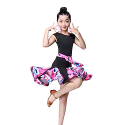Latin Dance Kids' Dancewear Dress Pattern / Print Ruching Split Joint Girls' Performance Sleeveless High Nylon Lightinthebox