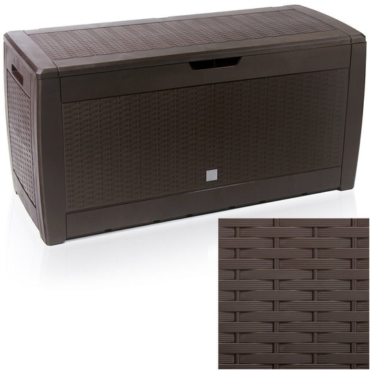 Extra Large Capacity Plastic Garden Storage Box Chest Container, Weatherproof with Durable & Lockable Sit On Lid 310 L (Rattan Design, Brown)