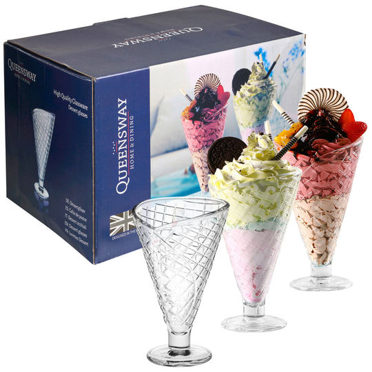 6 x 250ml Tall Ice Cream Cone Shaped Dessert Glasses Gift Boxed Cups