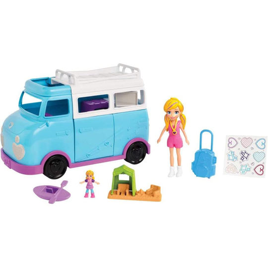 Polly Pocket FTP74 Glamping Van with Dual Scale Camping Theme, 2 Dolls and Accessories, Multicolored