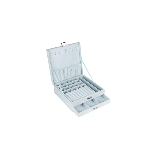 2 Tiers Jewelry Box with Drawer and lid, Multi-Function Slot Velvet Jewellery Organiser with lock, Jewelry Display Box for Necklace, Bracelets, R