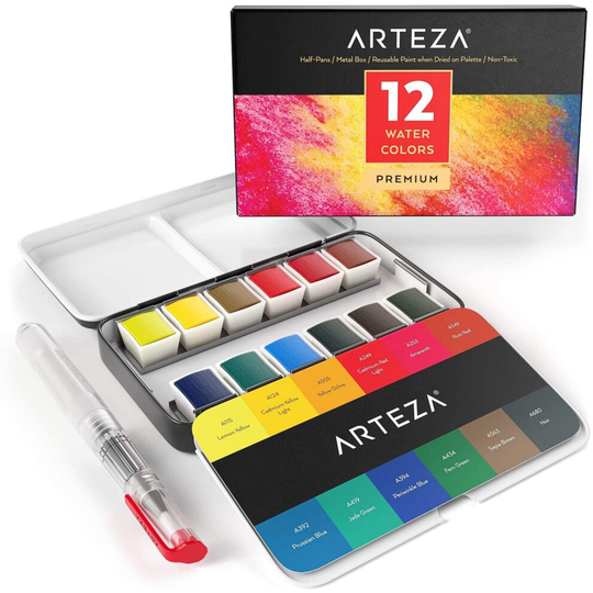 Arteza Premium Watercolour Paint Set, 12 Assorted Vibrant Colours Half Pans with Water Brush Pen for Artists & Art Painting in Tin Box