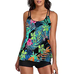 Women's Swimwear Tankini 2 Piece Normal Swimsuit 2 Piece Open Back Printing Floral Polka Dot Green White Black Blue Purple Padded Scoop Neck Bathing Suits New Vacation Holiday / Modern / Leaf / Strap Lightinthebox