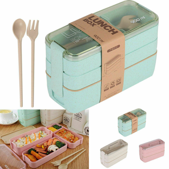 (Green) 3 Layer Lunch Box Spoon Dinnerware Bento Box Food Storage Container Microwave UK