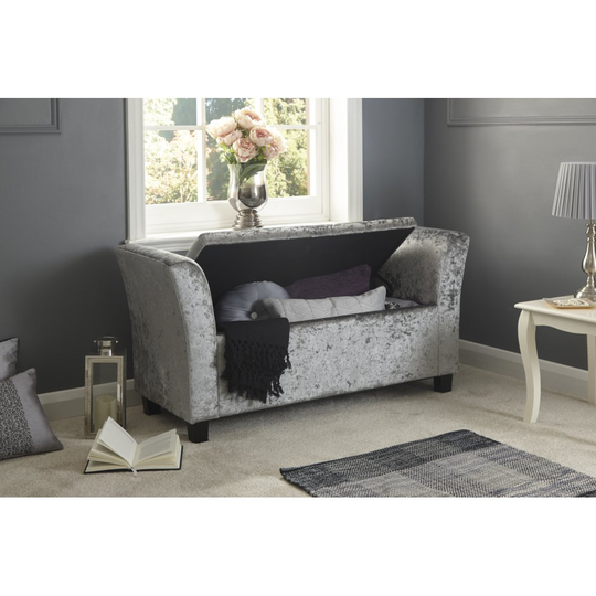 Ottoman Window Seat Grey Crushed Velvet Fabric Toy Bedding Storage Box