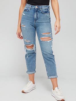 V By Very Mom High Waist Jean With Rips - Mid Wash