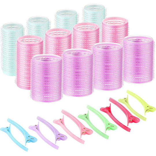 18 Pieces Self Grip Hair Rollers Clips Self Holding Rollers Salon Hairdressing Curlers 25 mm, 30 mm, 25 mm and 12 Plastic Duckbill Clips