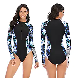 Women's Rash Guard One Piece Swimsuit UV Sun Protection UPF50 Breathable Long Sleeve Bodysuit Bathing Suit Front Zip Swimming Surfing Beach Water Sports Floral Autumn / Fall Spring Summer / Stretchy Lightinthebox