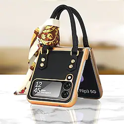 Phone Case For Samsung Galaxy Back Cover Z Flip 4 Z Flip 3 Portable Full Body Protective Fashion Solid Colored PC PU Leather Lightinthebox