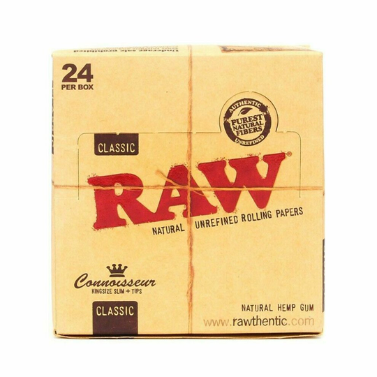 (24 Booklets (Full Box)) RAW Connoisseur King Size Slim Rolling Papers with Roach Tips
