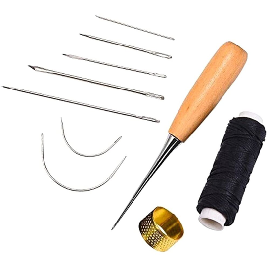 WOSO 10 Pieces Curved Upholstery Hand Sewing Needles Sewing Needles with Leather Waxed Thread Cord Drilling Awl and Thimble for...
