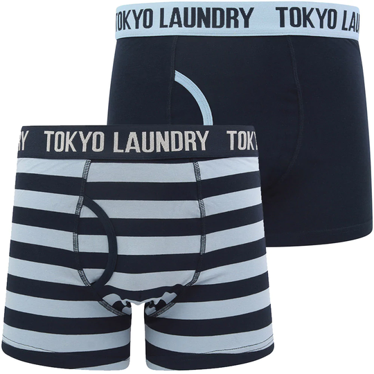Mens Underwear Nicholson (2 Pack) Striped Boxer Shorts Set in Blue Fog / Sky Captain Navy - Tokyo Laundry / S - Tokyo Laundry
