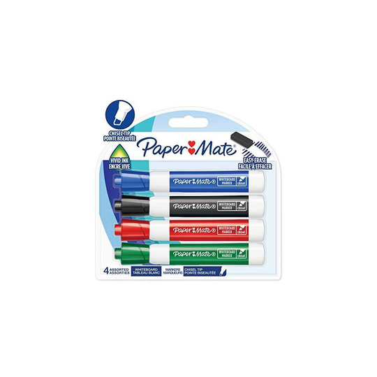 Paper Mate Low Odour Whiteboard Markers, Chisel Tip, Assorted Ink Colours, 4 Count