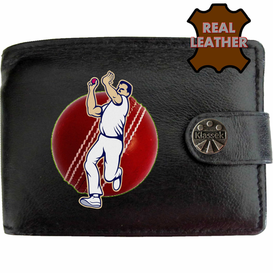 (Standard) Cricket bowler Bowlling Red Ball Mens Wallet Chain Leather Coin Pocket Klassek RFID Blocking Credit Card Slots and Metal Gift Box