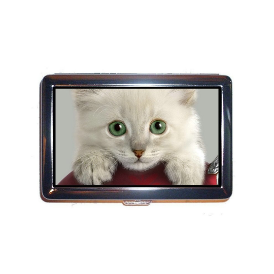 Stainless steel Cigarette Case,Kitten cute cat white red Cash Holder Case Box 0211