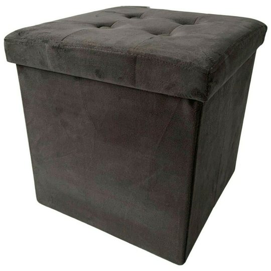 Grey Ottoman Storage Box Padded Velvet 38cm Folding Footstool Storage Seat Pouf
