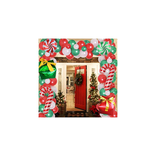JOYMEMO Christmas Balloon Garland Arch kit Grinch Balloons- 120 Pieces Xmas Red Green Party Decorations with Candy Cane Balloons Gift Box Balloon