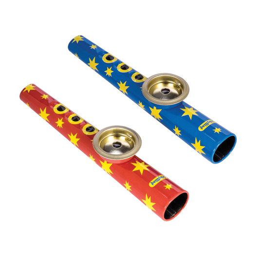 Schylling Kazoo Instrument (Boxed) - Red & Blue Tin Kazoos with Star Print , Colourful Tin Vintage Toys , Kids Musical Instruments