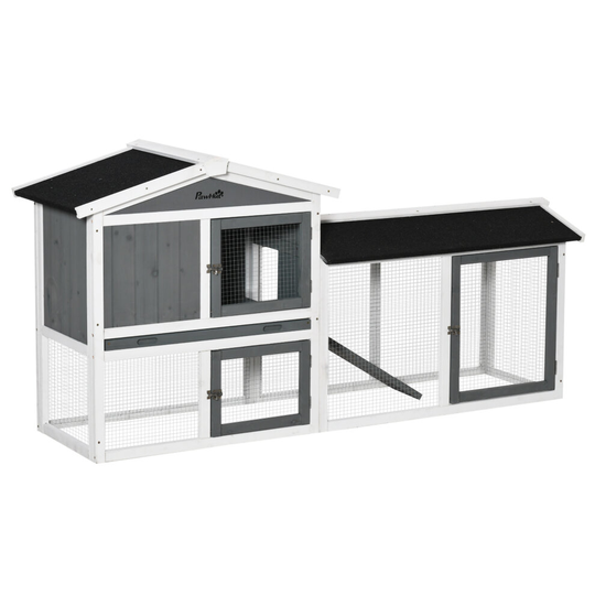 PawHut Two-Tier Wooden Rabbit Hutch w/ Run Box, Slide-Out Tray, Ramp