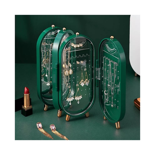 (Green) Retro design Jewelry Storage Box With Mirror Inside,Foldable Acrylic Jewelry Display Rack