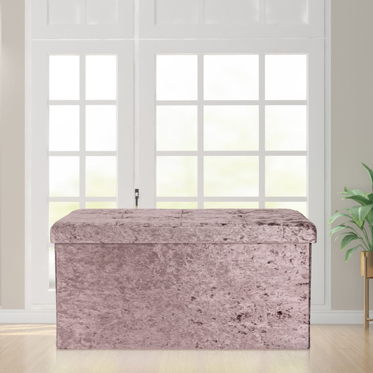 (Pink) Velvet Storage Box Folding Seat Stool
