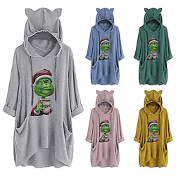 Grinch Hooded T-shirt with Pocket Christmas Cat Ear T-shirt Dailywear Casual Homewear Hoodie For Women's Adults' Hot Stamping Lightinthebox