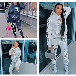 Women's 2 Piece Tracksuit Sweatsuit Street Athleisure Warm Winter Long Sleeve Graffiti 9 Colors Lightweight Breathable Soft Running Jogging Exercise Sportswear White Black Lightinthebox