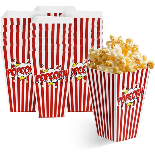 50 Pack Red & White Striped Cardboard Movie Style Popcorn Boxes - 10x18cm