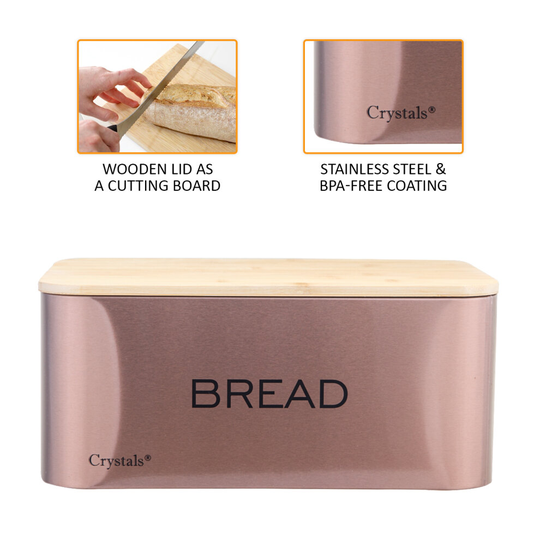 (Copper) Food Storage Stainless Steel Bread Bin Box With Bamboo Wooden Cutting Board Lid