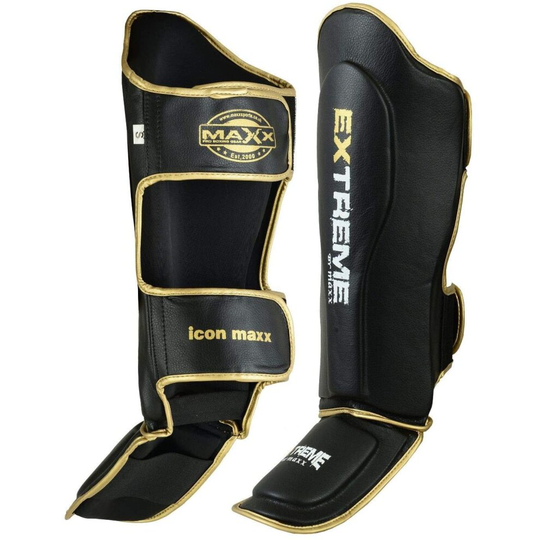 (Black & Gold, Medium) Maya Grain Leather Boxing shin Guard Instep Pad Leg protectors