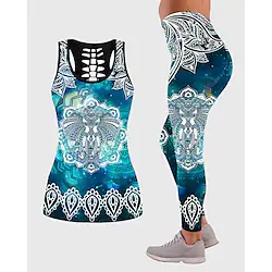 Women's Activewear Set Yoga Suit Yoga Set 3D Print 2 Piece Floral Print Leggings Tank Top Violet Lake Blue Yoga Fitness Gym Workout High Waist Tummy Control Butt Lift Breathable Sleeveless Sport Lightinthebox