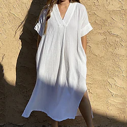 Women's Swimwear Cover Up Beach Dress Normal Swimsuit UV Protection Pure Color White V Wire Bathing Suits New Vacation Holiday / Modern Lightinthebox