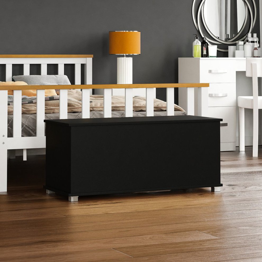 (Black) Leon Storage Ottoman Wood Toy Box Bench Stool
