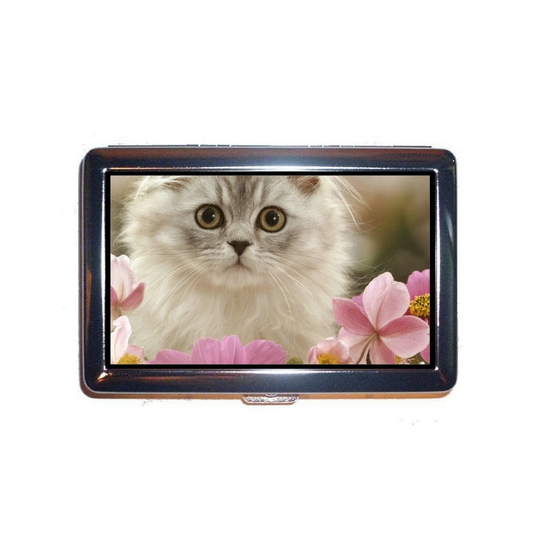 Stainless Steel ID or Cigarettes Case,Pet Pink Flower Stare White Flower Cat Cash Holder Case Box 0194