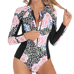 Women's Rash guard Swimsuit UPF50 Quick Dry Long Sleeve Bodysuit Bathing Suit Front Zip Swimming Surfing Beach Water Sports Floral Spring Summer Autumn Lightinthebox