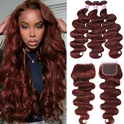 12A Brown Reddish Body Wave Human Hair 3 Bundles with 4x4 Lace Closure Free Part Brazilian Remy Hair Copper Red Bundles with Closure Colored Wavy Human Hair Extensions 33B# 20 22 2418inch Lightinthebox