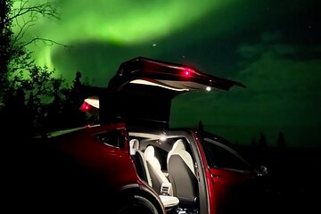 Northern Lights in Model X to Exclusive Ridge Top Cabin with Aurora Photos
