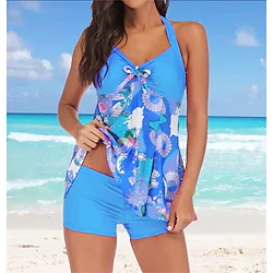 Women's Swimwear Tankini 2 Piece Plus Size Swimsuit Backless Print Graphic Patterned Flower Blue Halter V Wire Bathing Suits New Casual Vacation / Modern Lightinthebox