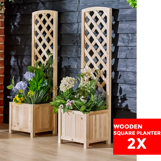 (Double) Trellis Wooden Planter Garden Plant Flowerpot Lattice Box Patio Natural