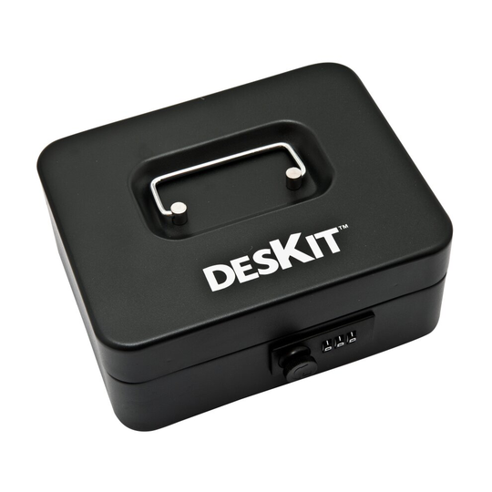 DESKIT 8" Cash Box Safe with Lock and 2 Keys | Secure Money Cash Tin with Tray for Petty Cash and Coins | Black | Steel