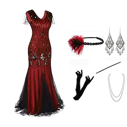 The Great Gatsby Retro Vintage Vintage Inspired The Great Gatsby Party Costume Women's Sequins Costume Vintage Cosplay Halloween Party Evening Short Sleeve Long Length Dress Halloween / Gloves Lightinthebox