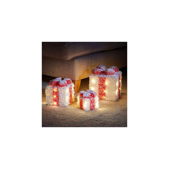 Set of 3 White & Red Snow Frosted Light Up Faux Gift Boxes Warm White