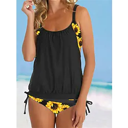 Women's Swimwear Tankini 2 Piece Normal Swimsuit Water Sports Open Back Print Flower Sunflower Black Scoop Neck Bathing Suits New Casual Vacation / Modern / Padded Bras Lightinthebox