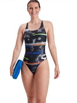Speedo Placement Digital Powerback Swimsuit - Black
