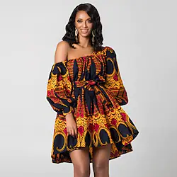 Main Actress Adults Women's African Print Kitenge Off Shoulder Boho Dress Modern African Outfits For Party Polyester Flower / Floral Masquerade Dress Lightinthebox