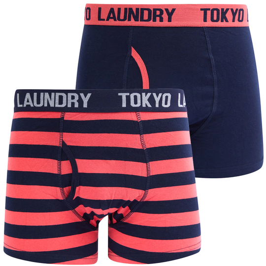 Mens Underwear Saber (2 Pack) Striped Boxer Shorts Set in Dubarry Coral / Sky Captain Navy - Tokyo Laundry / S - Tokyo Laundry