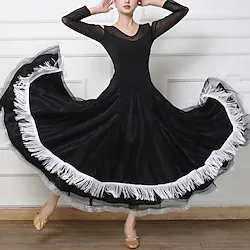 Ballroom Dance Dress Tassel Split Joint Women's Performance Training Long Sleeve Crystal Cotton Mesh Tulle Lightinthebox