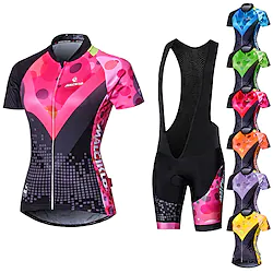 Malciklo Women's Short Sleeve Cycling Jersey with Bib Shorts Summer Elastane Lycra Polyester PinkWhite Purple Yellow Geometic British Plus Size Bike Jersey Tights Padded Shorts / Chamois Anatomic Lightinthebox