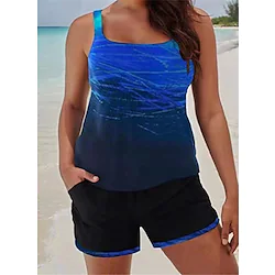 Women's Swimwear Tankini 2 Piece Plus Size Swimsuit Modest Swimwear Open Back Printing for Big Busts Gradient Color Pure Color Black Blue Camisole Scoop Neck Bathing Suits Sports Vacation Fashion Lightinthebox